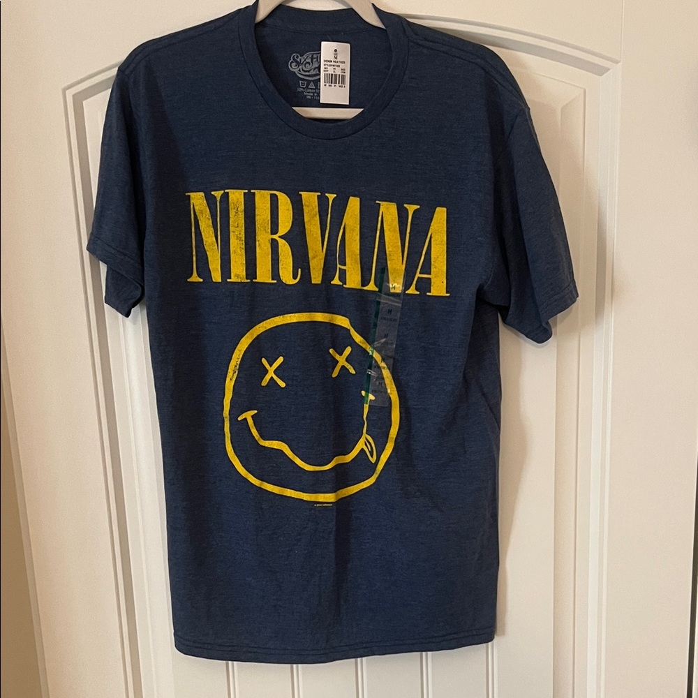 NIRVANA Men’s Denim Heather Navy and Yellow Smiley Tee SzM NWT